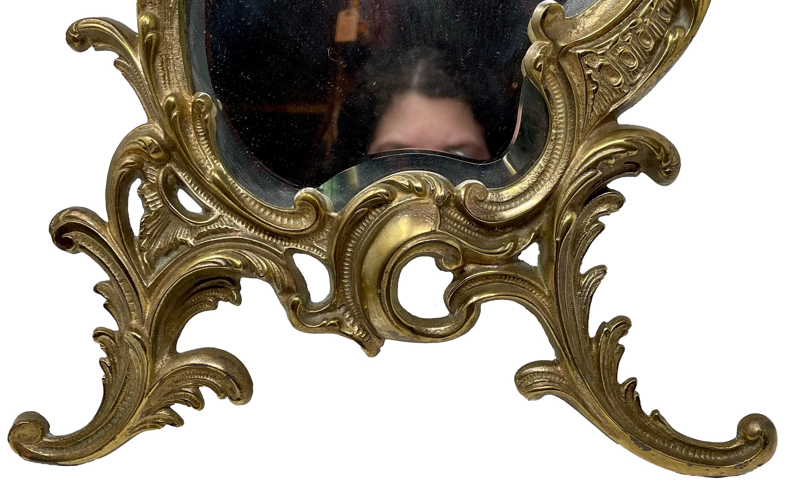 Beveled Antique French Gold Bronze Framed Table Mirror with Curve Beveling, Circa 1880. For Sale