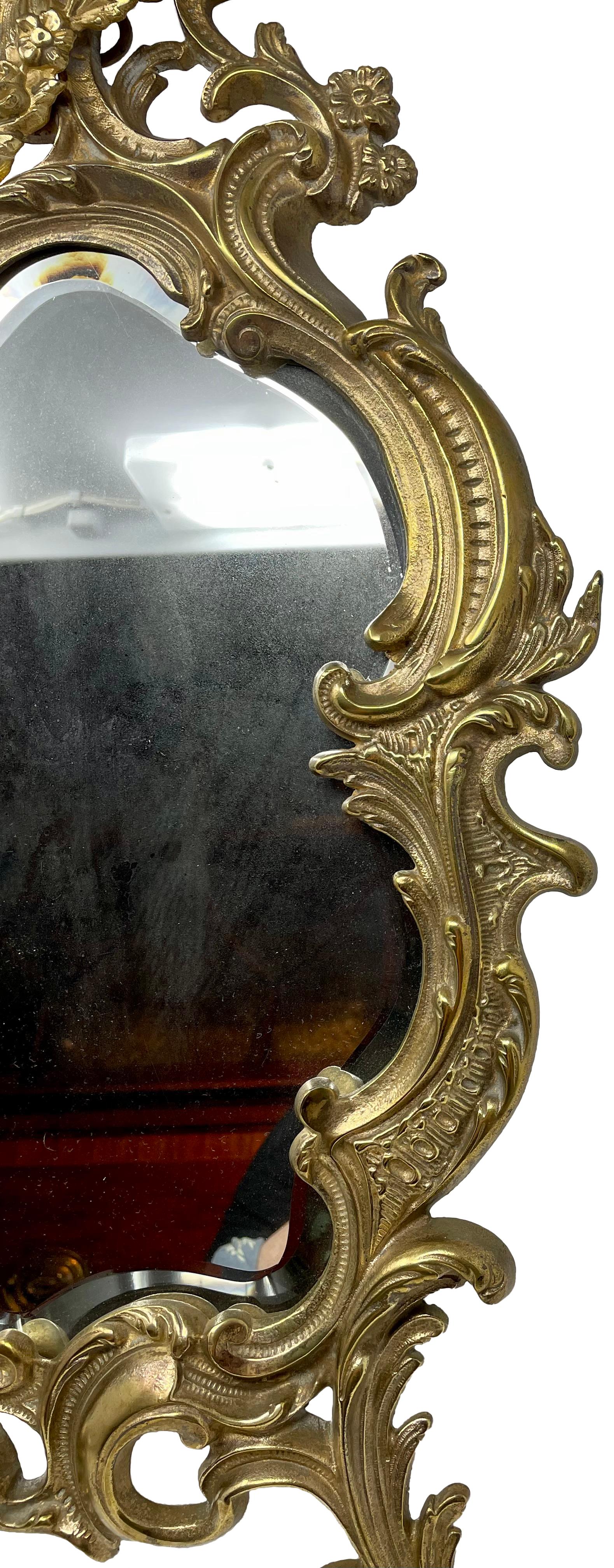 Antique French Gold Bronze Framed Table Mirror with Curve Beveling, Circa 1880. In Good Condition For Sale In New Orleans, LA