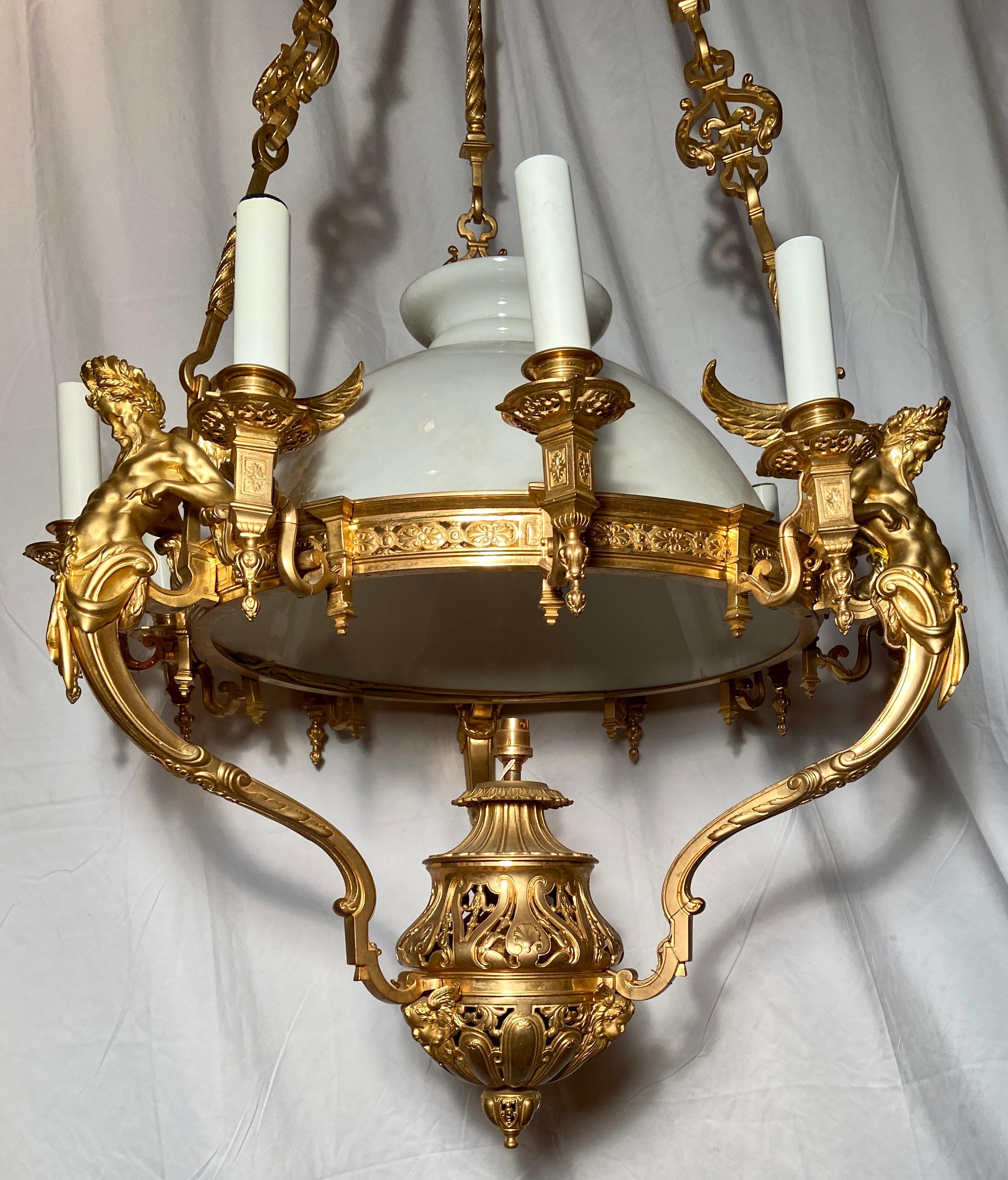 Exquisite antique French gold bronze & opal white gAlass suspension oil lamp chandelier, Circa 1880's with classical figures.