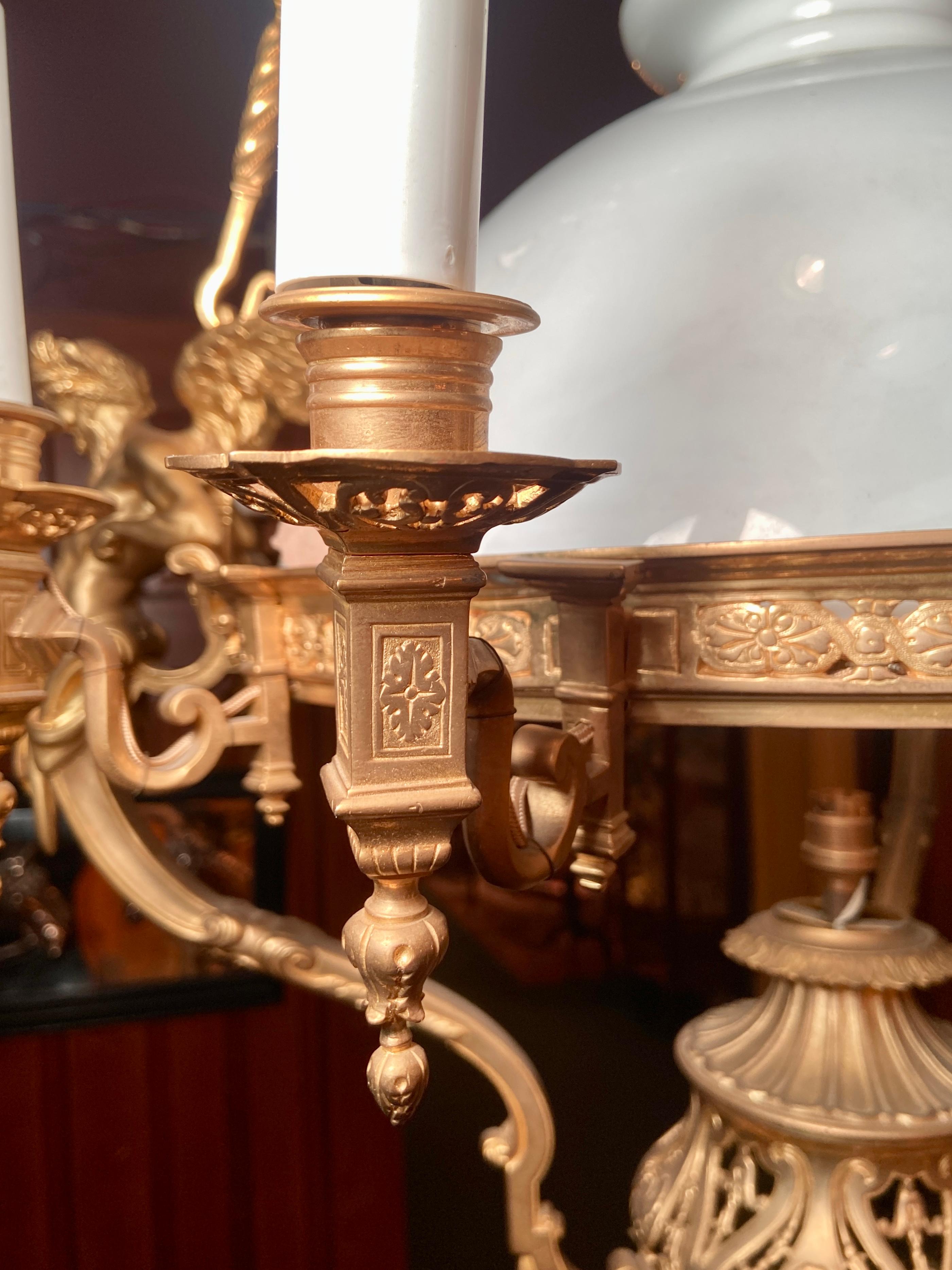 Antique French Gold Bronze & Glass Suspension Oil Lamp Chandelier, Circa 1880's In Good Condition For Sale In New Orleans, LA