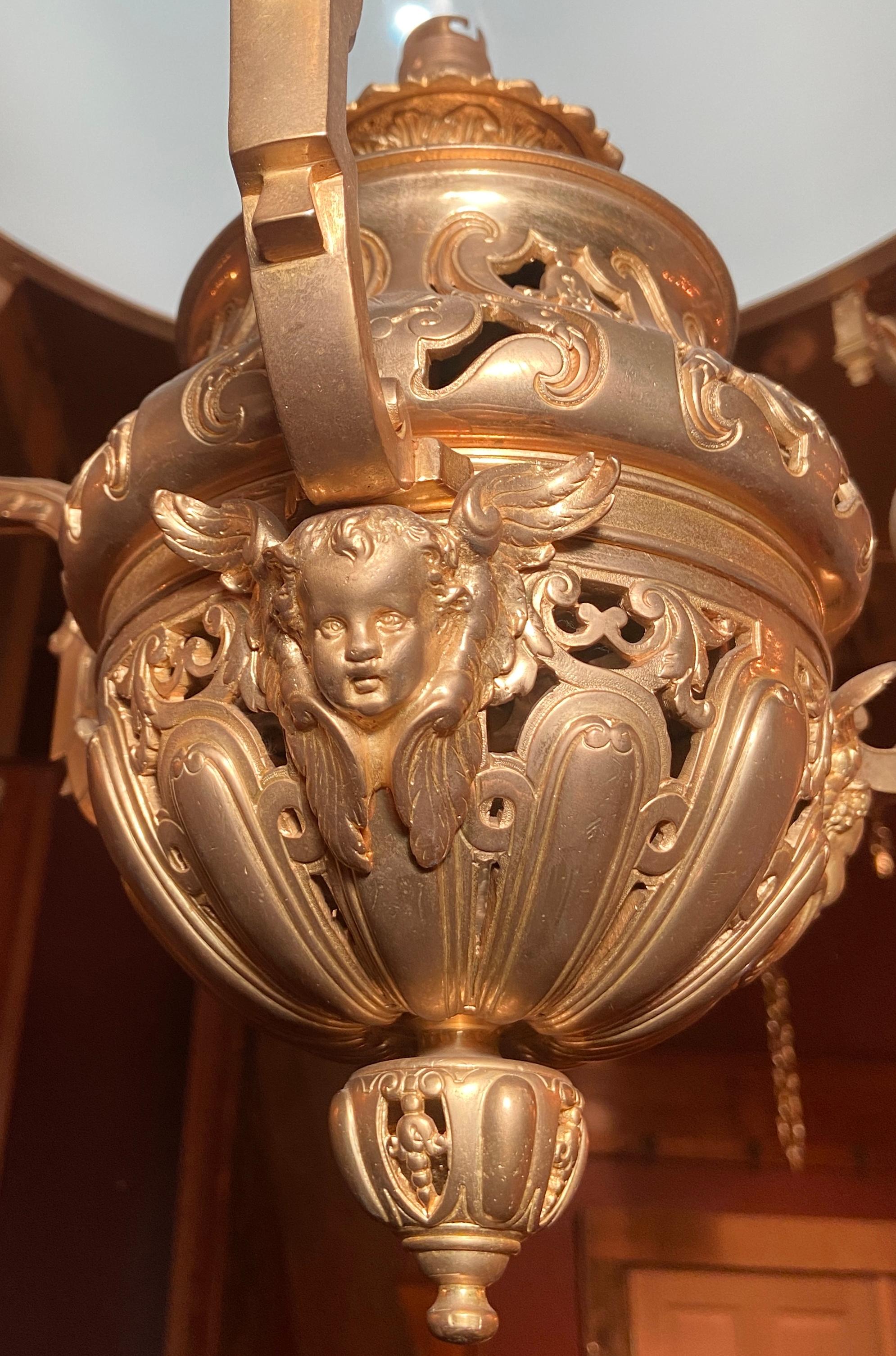 19th Century Antique French Gold Bronze & Glass Suspension Oil Lamp Chandelier, Circa 1880's For Sale