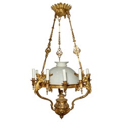 Antique French Lámpara de Aceite de Suspensión de Bronce Dorado y Cristal, Circa 1880's