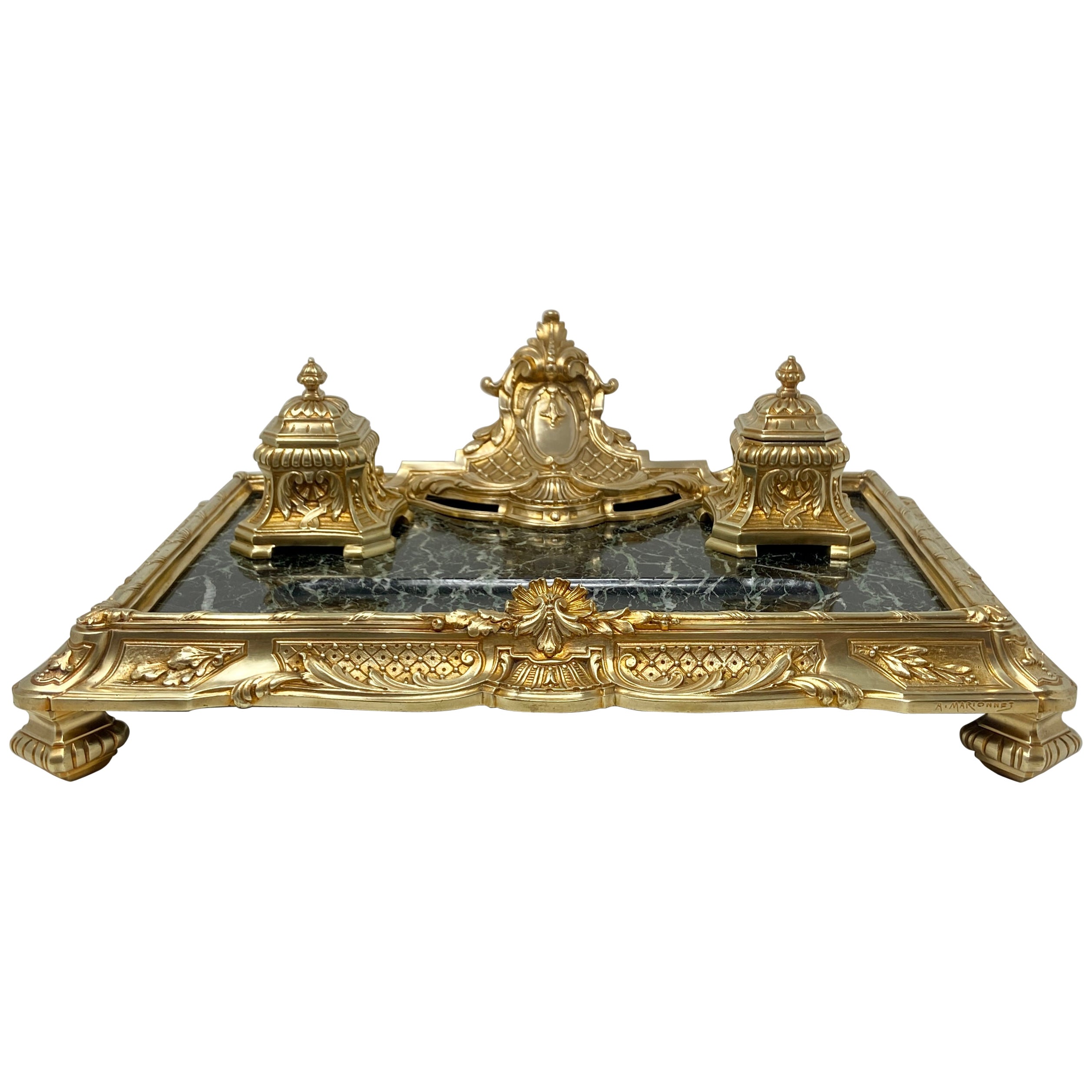 Encrier français ancien en or, bronze et marbre vert signé « A. Marionnet, vers 1890