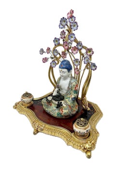 Antique French Gold Bronze, Hand-Painted Porcelain & Lacquer Inkwell, Circa 1870