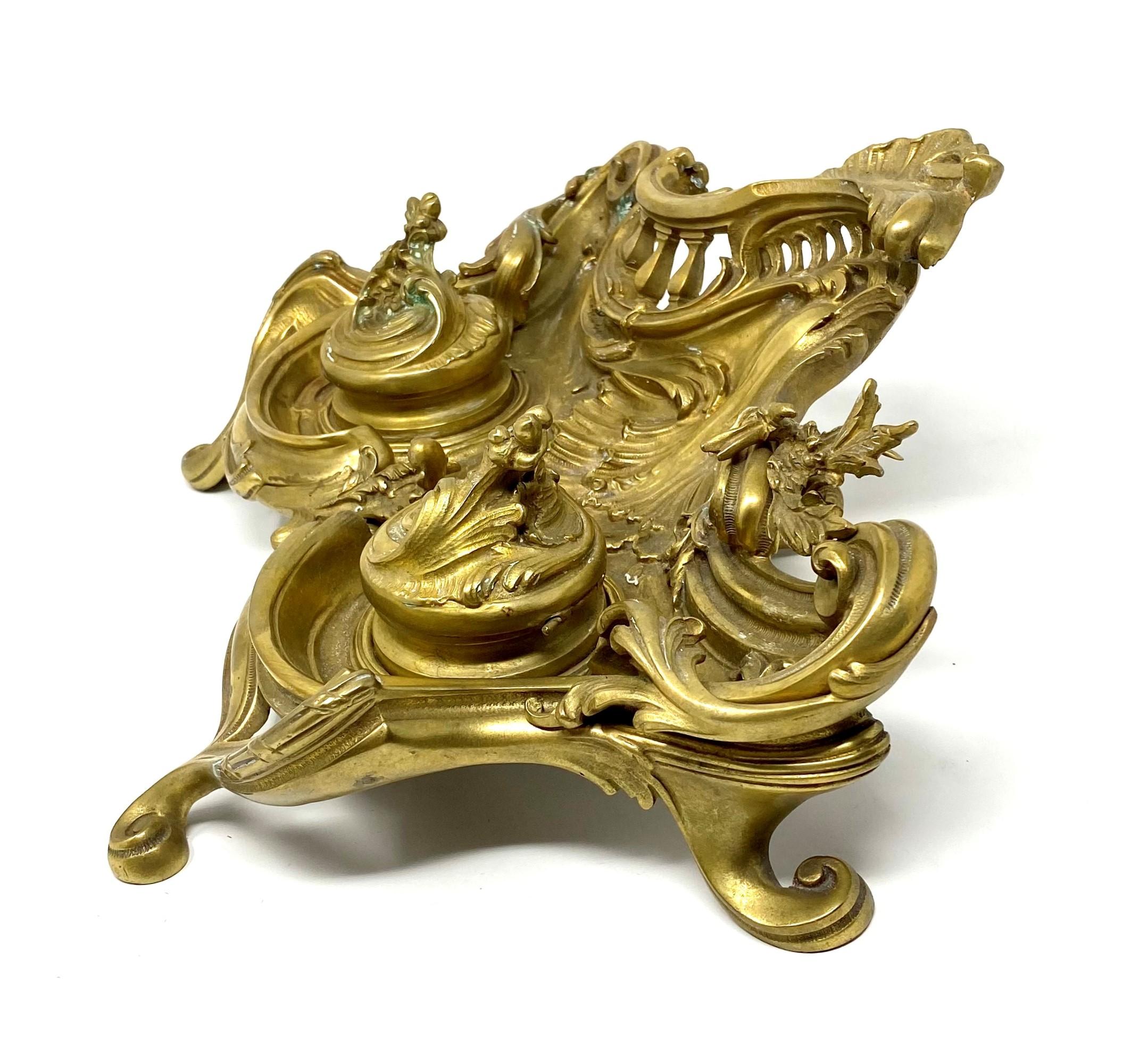 19th Century Antique French Gold Bronze Louis XV Style Inkwell circa 1880-1890 For Sale