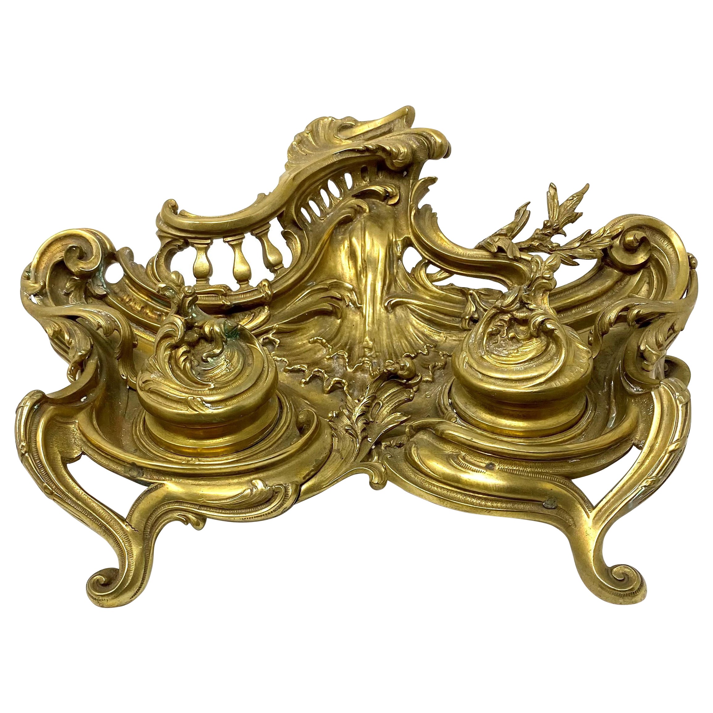 Antico calamaio francese in bronzo dorato in stile Luigi XV, circa 1880-1890
