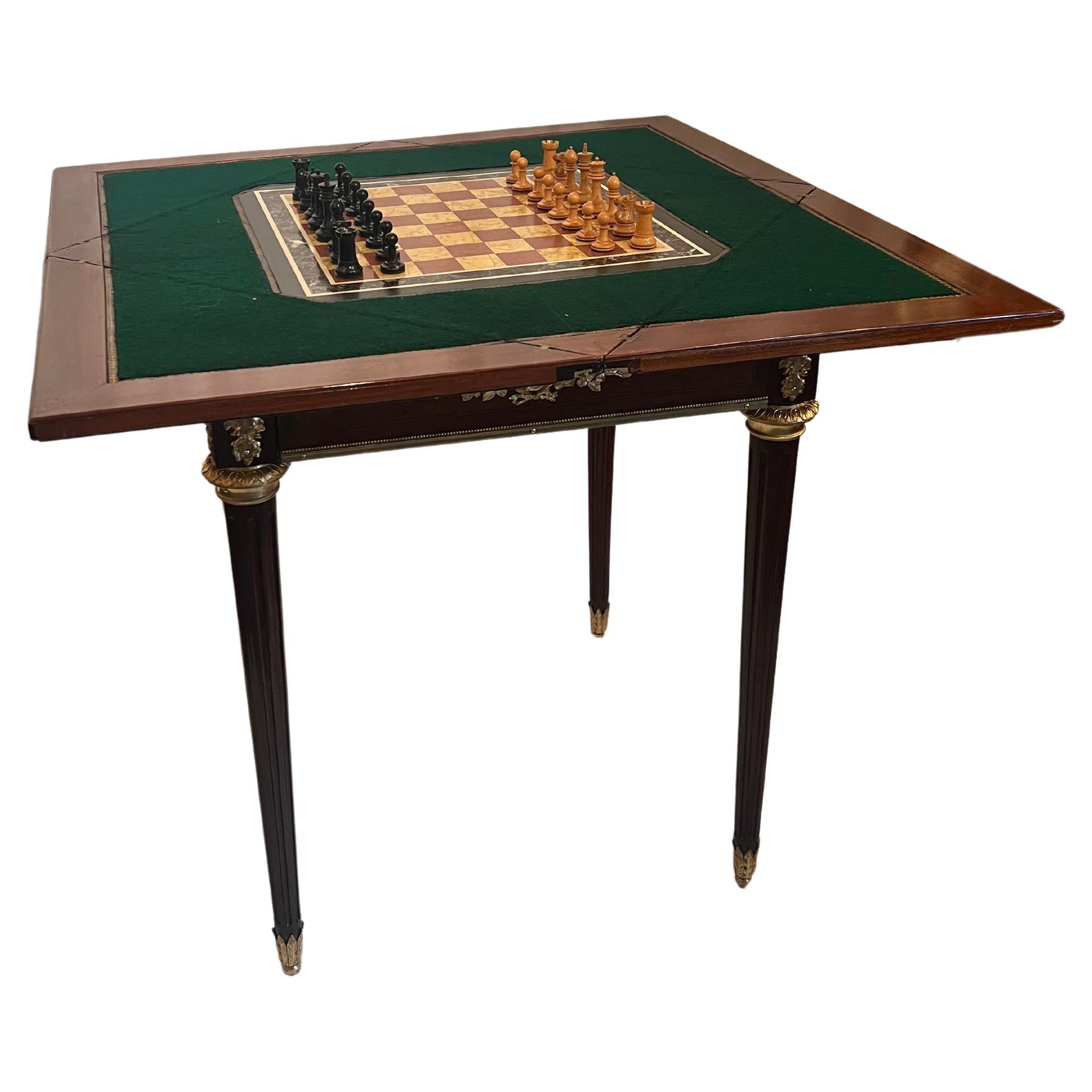 Antique French Gold Bronze & Mahogany Folding Chess Board Card Table, Circa 1885 In Good Condition For Sale In New Orleans, LA
