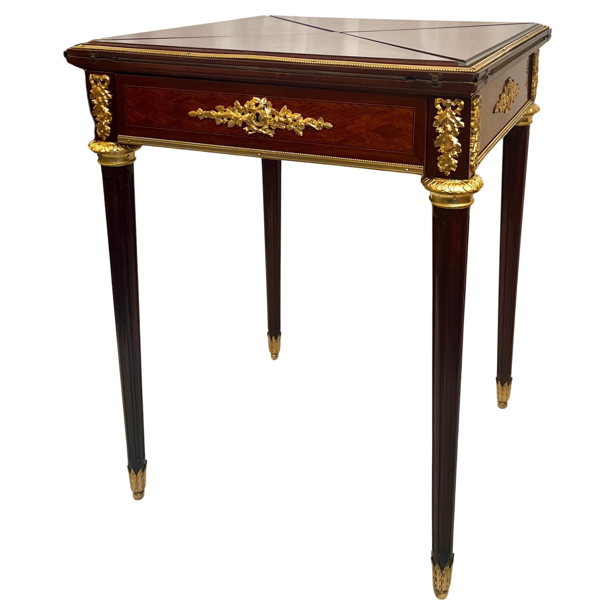 19th Century Antique French Gold Bronze & Mahogany Folding Chess Board Card Table, Circa 1885 For Sale