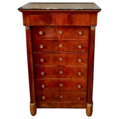 Antique French Gold Bronze & Mahogany Marble Top 7-Drawer "Semainier" Circa 1850