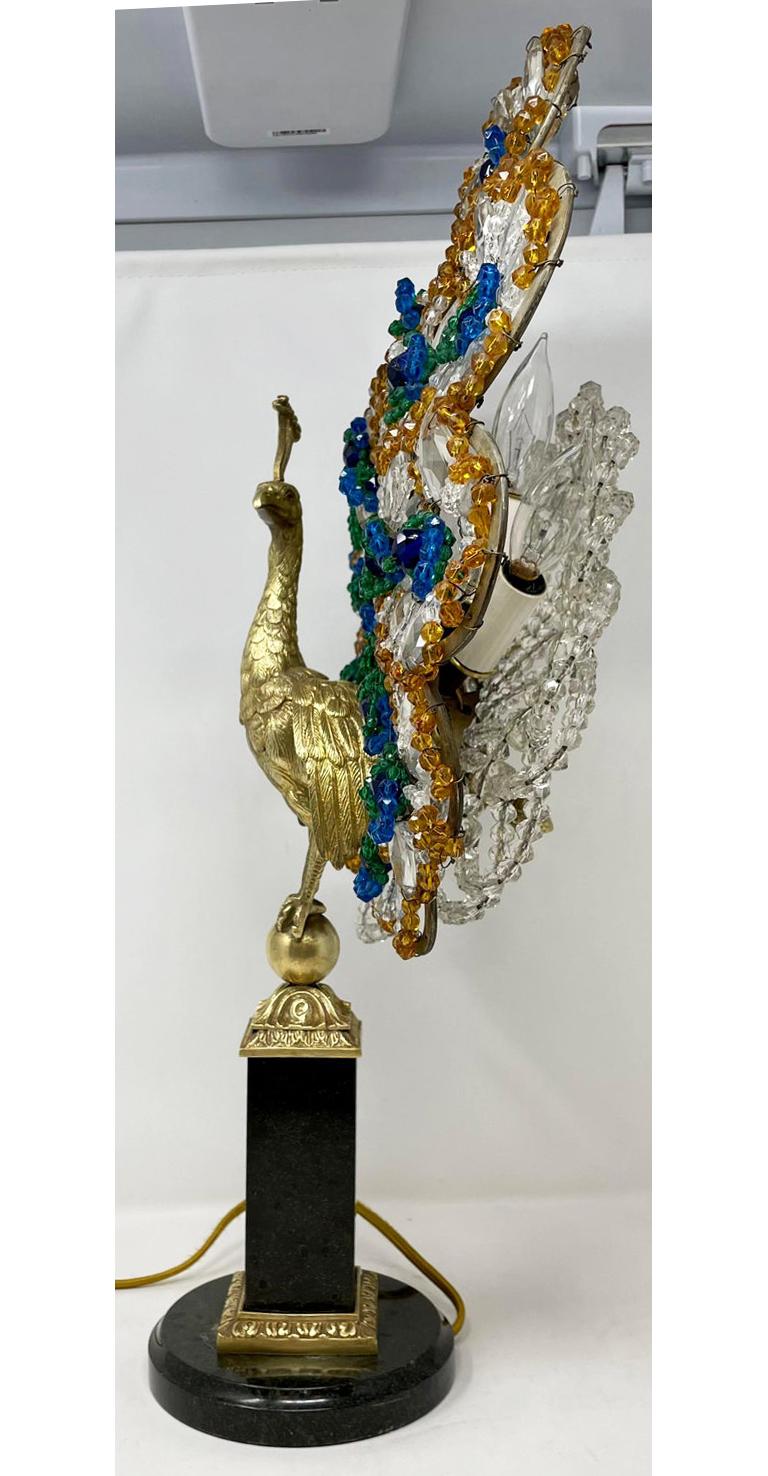 Antique French Art Deco style gold bronze, marble and crystal beaded peacock lamp, Circa 1900-1920.
