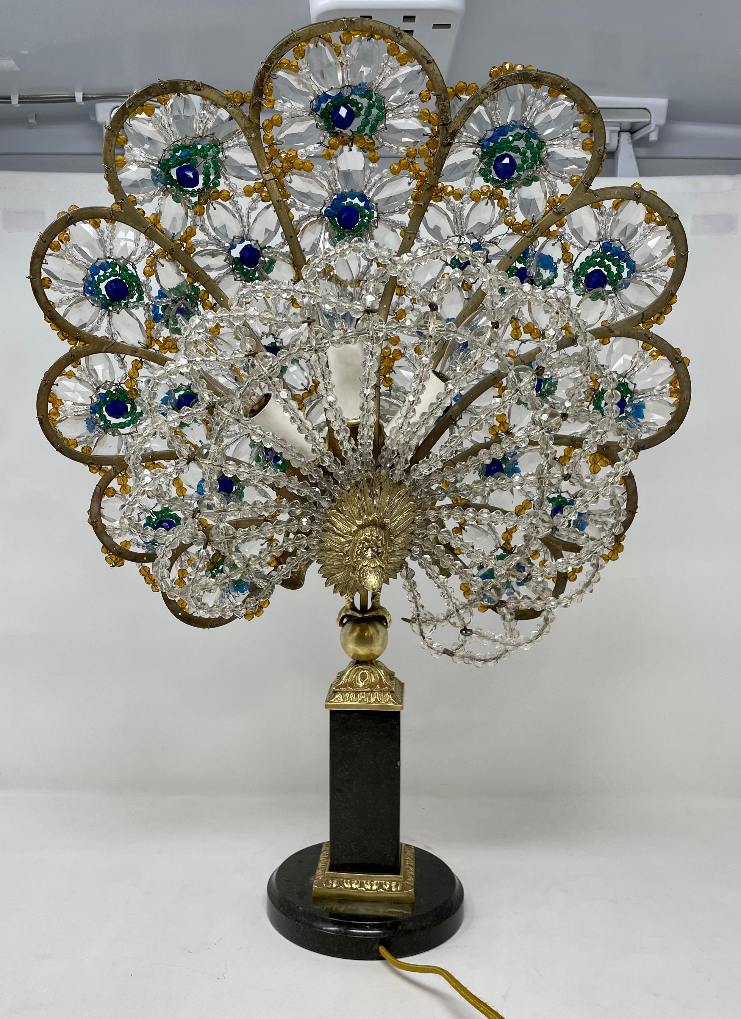 Art Deco Antique French Gold Bronze, Marble & Crystal Beaded Peacock Lamp, Circa 1910's