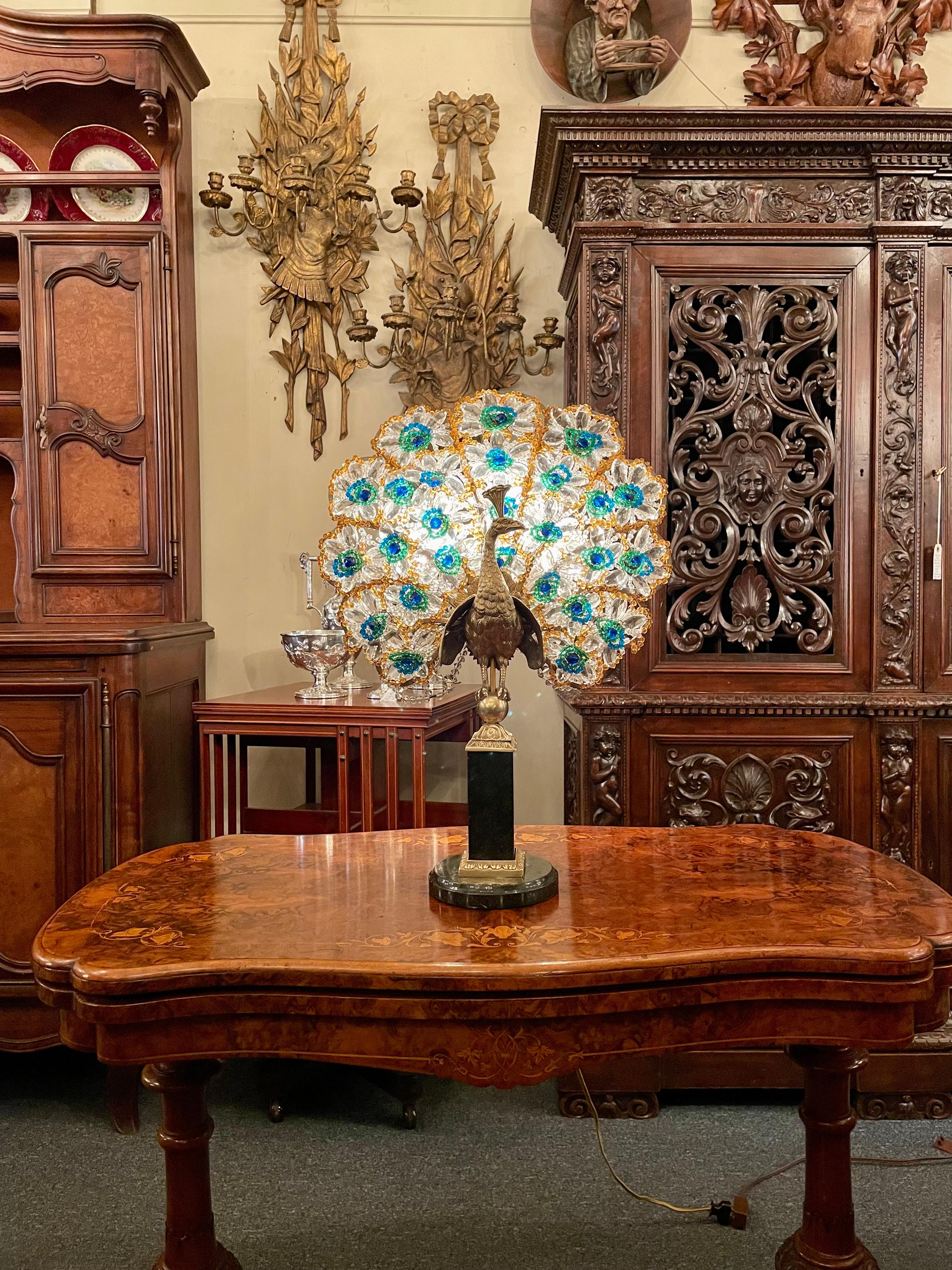 Antique French Gold Bronze, Marble & Crystal Beaded Peacock Lamp, Circa 1910's In Good Condition In New Orleans, LA