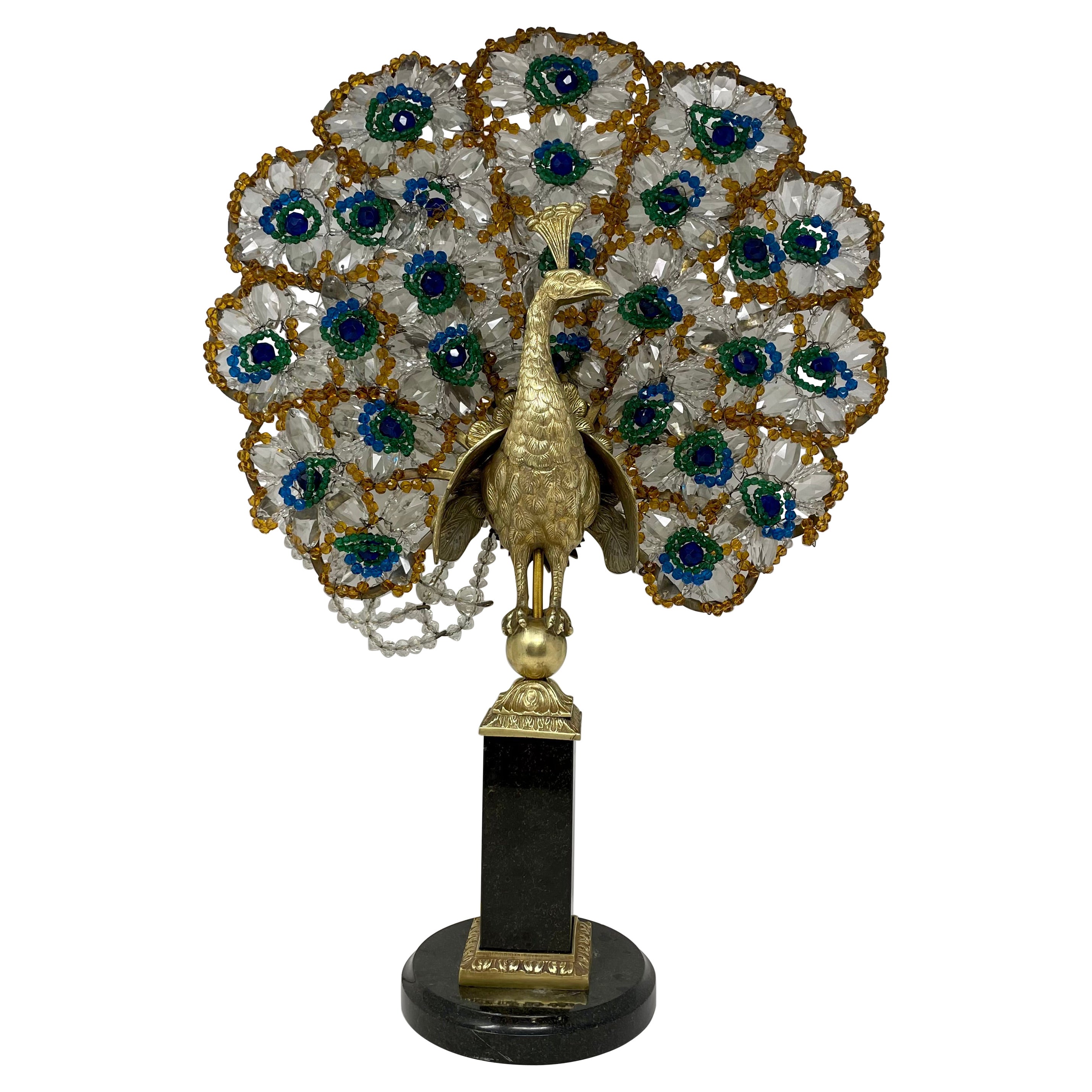 Antique French Gold Bronze, Marble & Crystal Beaded Peacock Lamp, Circa 1910's