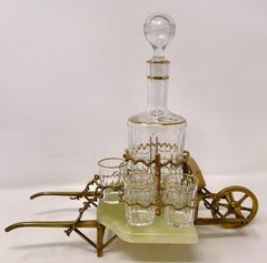 Antique French Gold Bronze, Marble & Crystal Wheelbarrow Liqueur Set, Circa 1880