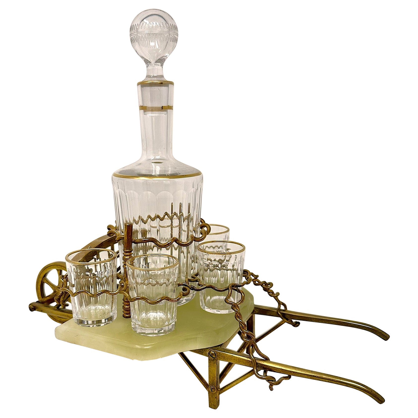 Antique French Goldbronze, Marmor & Kristall Schubkarre Likör Set, CIRCA 1880 im Angebot