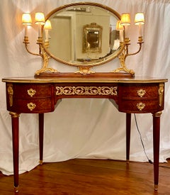 Antique French Gold Bronze Mounted Inlaid Mahogany Vanity with Lights Circa 1880