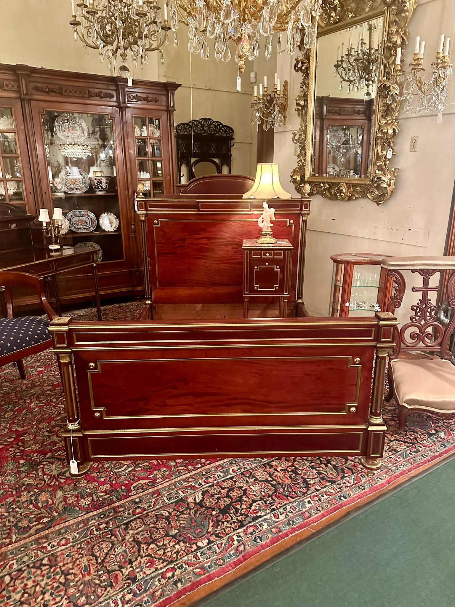 Antique French Gold Bronze Mounted Mahogany Bed and Nightstand, Circa 1890's. For Sale 7