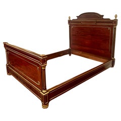 Antique French Gold Bronze Mounted Mahogany Bed and Nightstand, Circa 1890's.