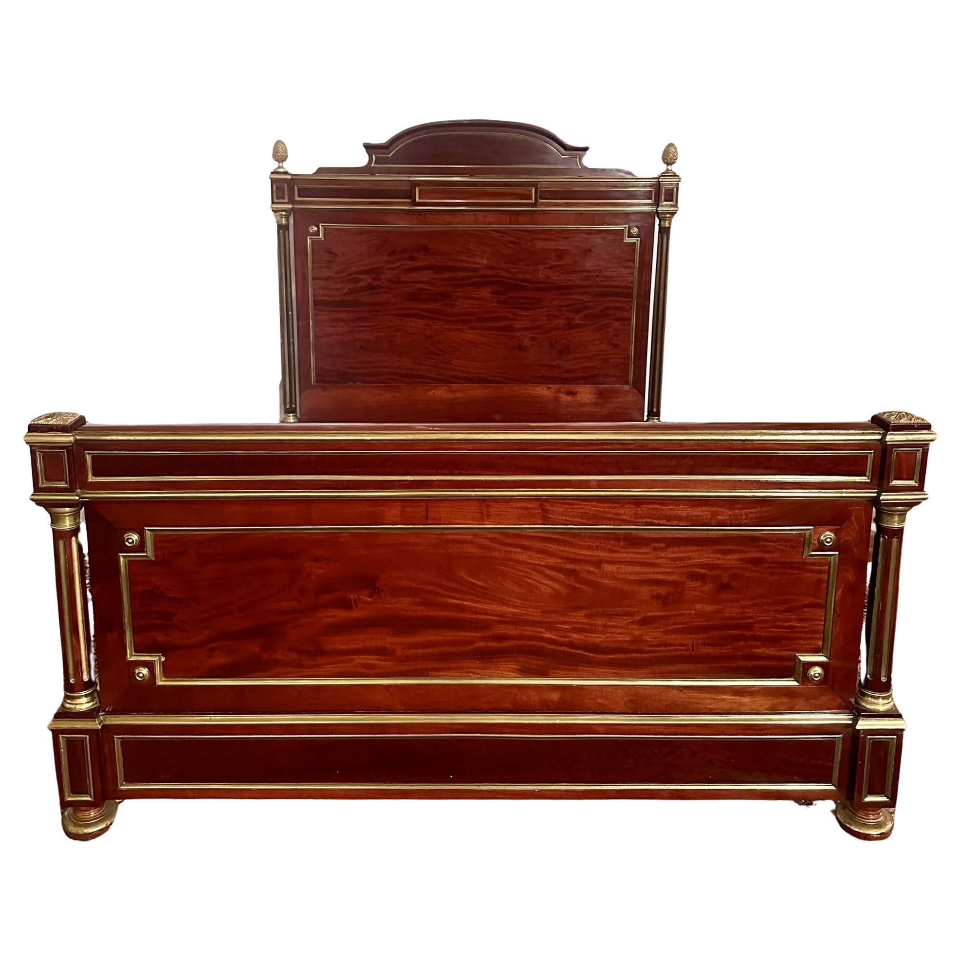 Antique French Gold Bronze Mounted Mahogany Bed and Nightstand, Circa 1890's. In Good Condition For Sale In New Orleans, LA
