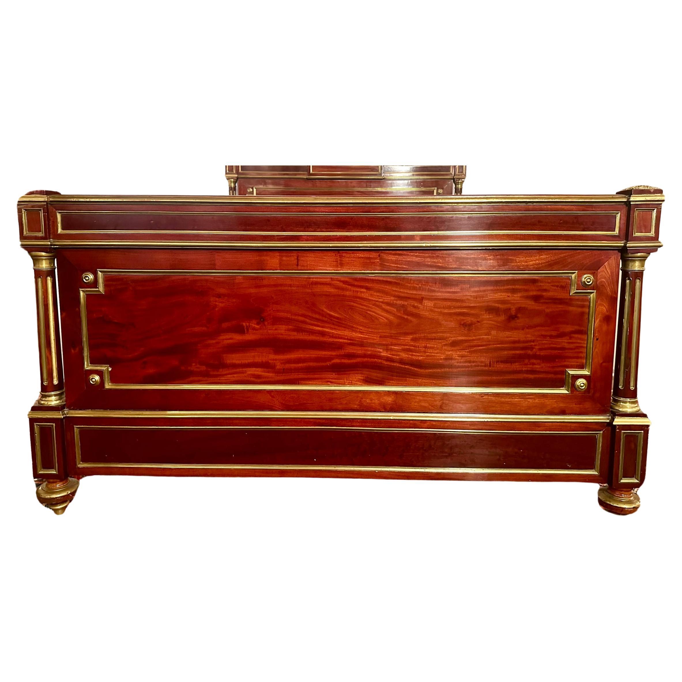 Antique French Gold Bronze Mounted Mahogany Bed and Nightstand, Circa 1890's. For Sale 1