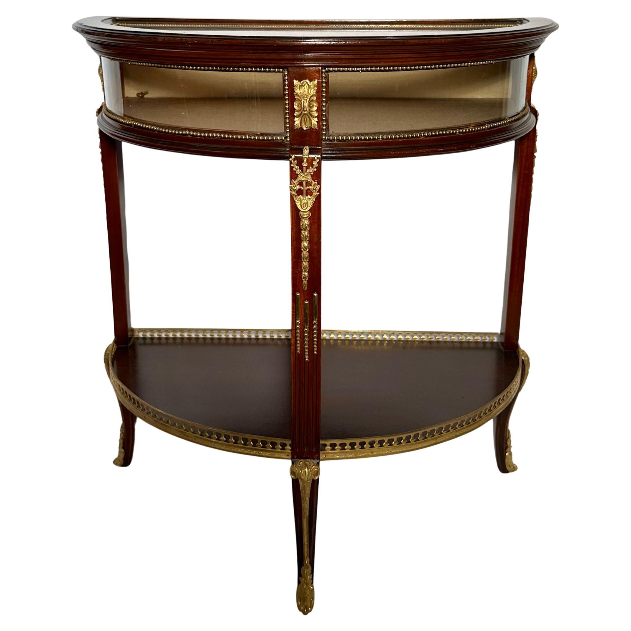 Antique French Gold Bronze Mounted Mahogany Demilune Vitrine, Circa 1890. For Sale