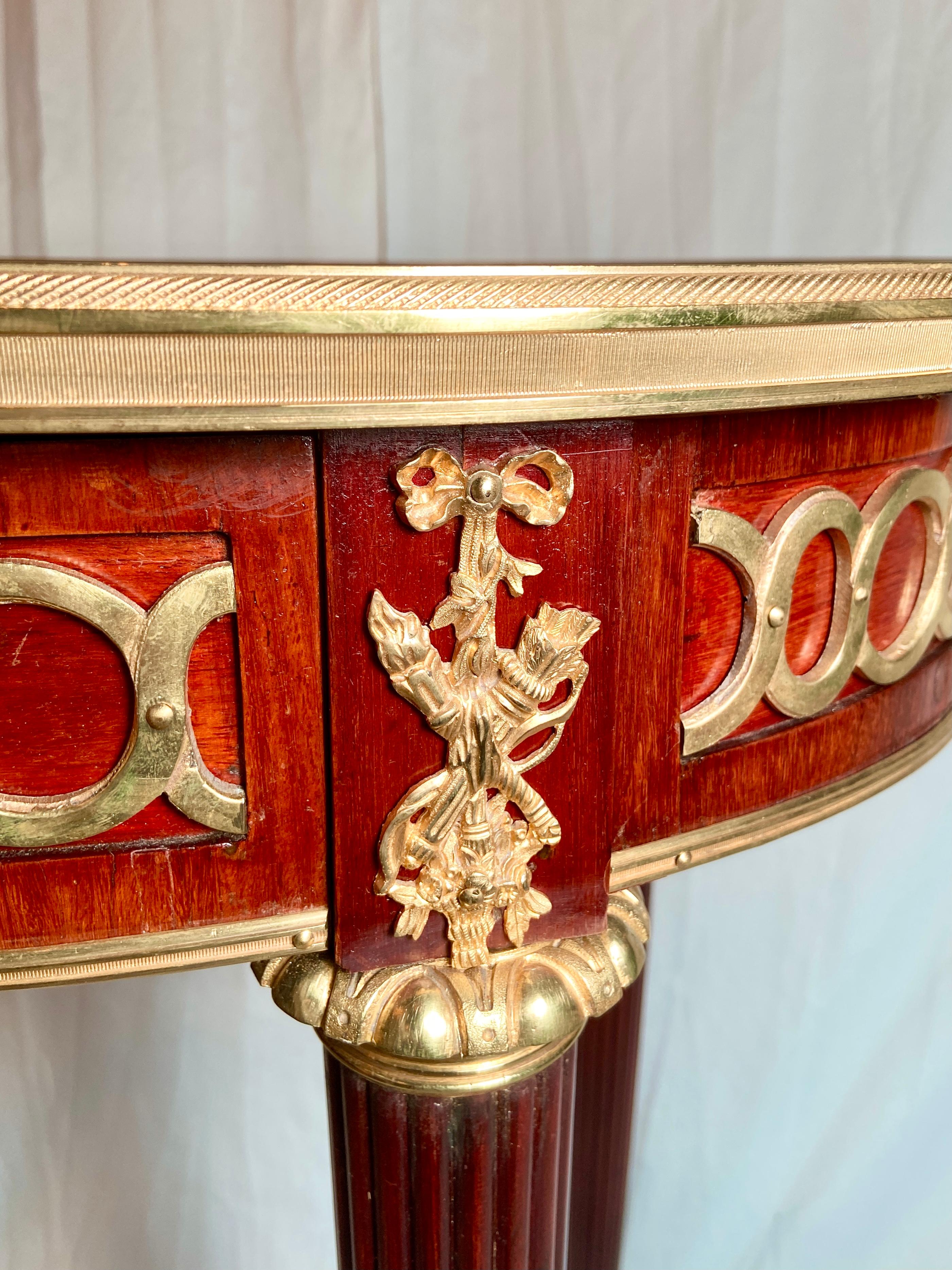 19th Century Antique French Gold Bronze Mounted Mahogany Table with Marble Top, Circa 1880 For Sale