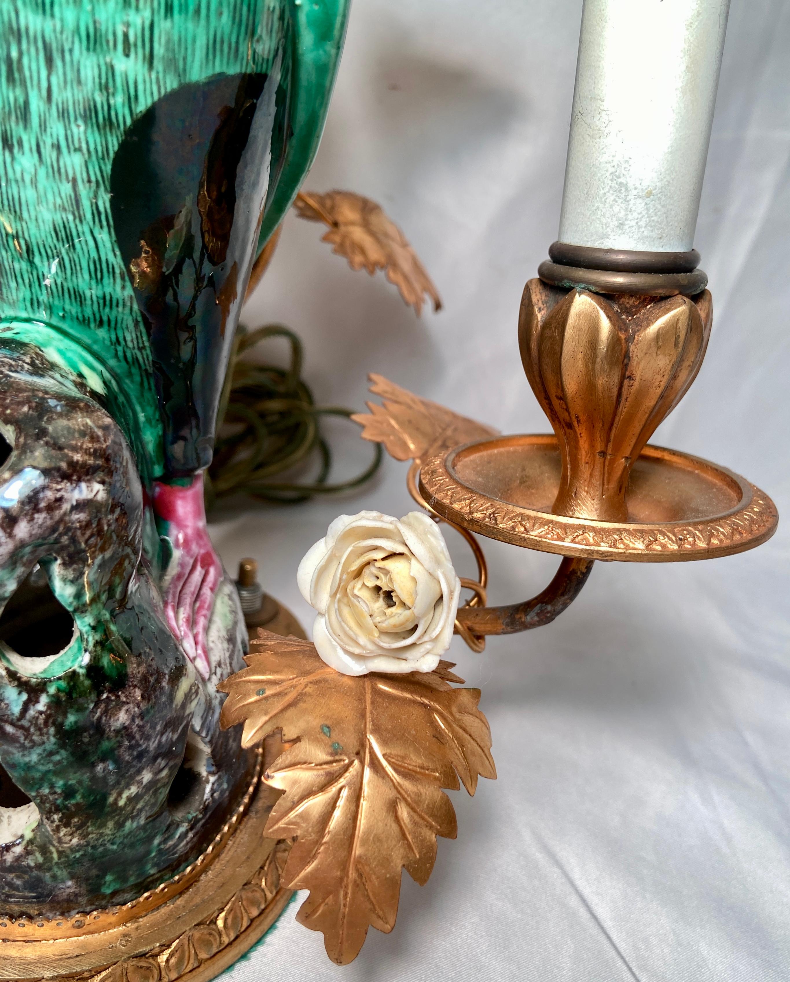 Antique French Gold Bronze Mounted Porcelain Parrot Lamp W/ Saxe Flowers Ca 1890 For Sale 1