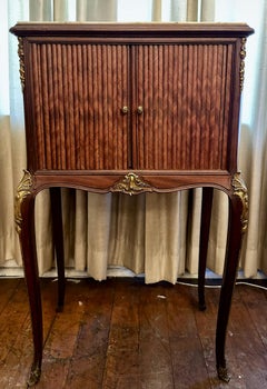 Antique French Gold Bronze Mounted Tambour Cabinet with Marble Top, Circa 1890.