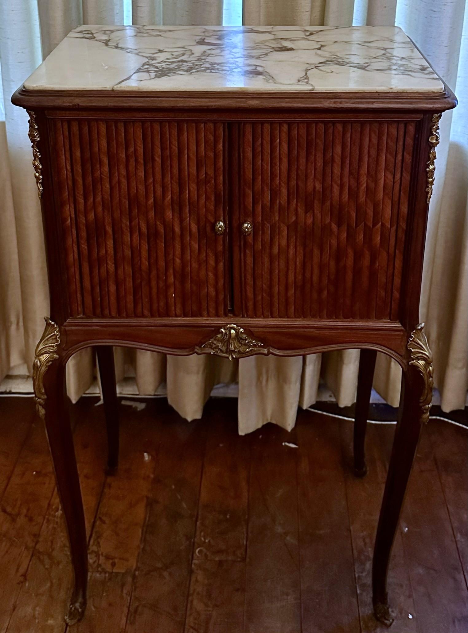 19th Century Antique French Gold Bronze Mounted Tambour Cabinet with Marble Top, Circa 1890. For Sale