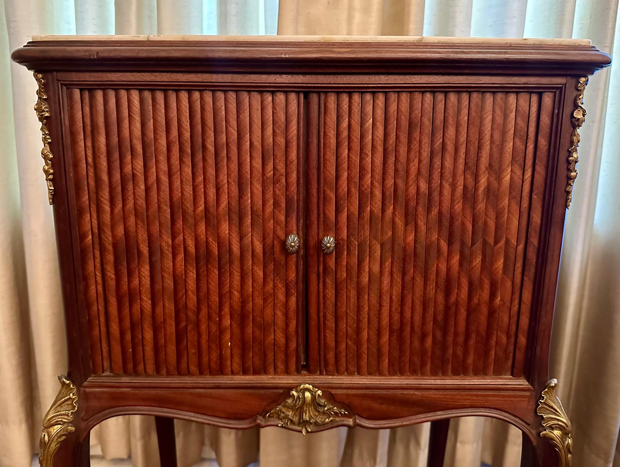 Antique French Gold Bronze Mounted Tambour Cabinet with Marble Top, Circa 1890. For Sale 2
