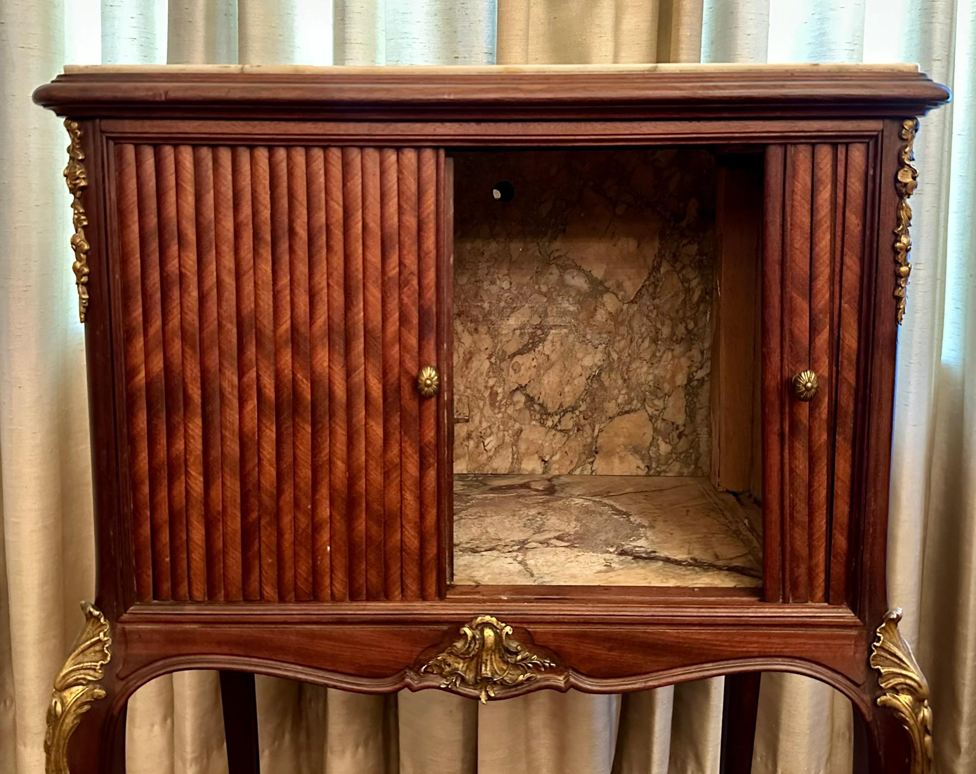 Antique French Gold Bronze Mounted Tambour Cabinet with Marble Top, Circa 1890. For Sale 3
