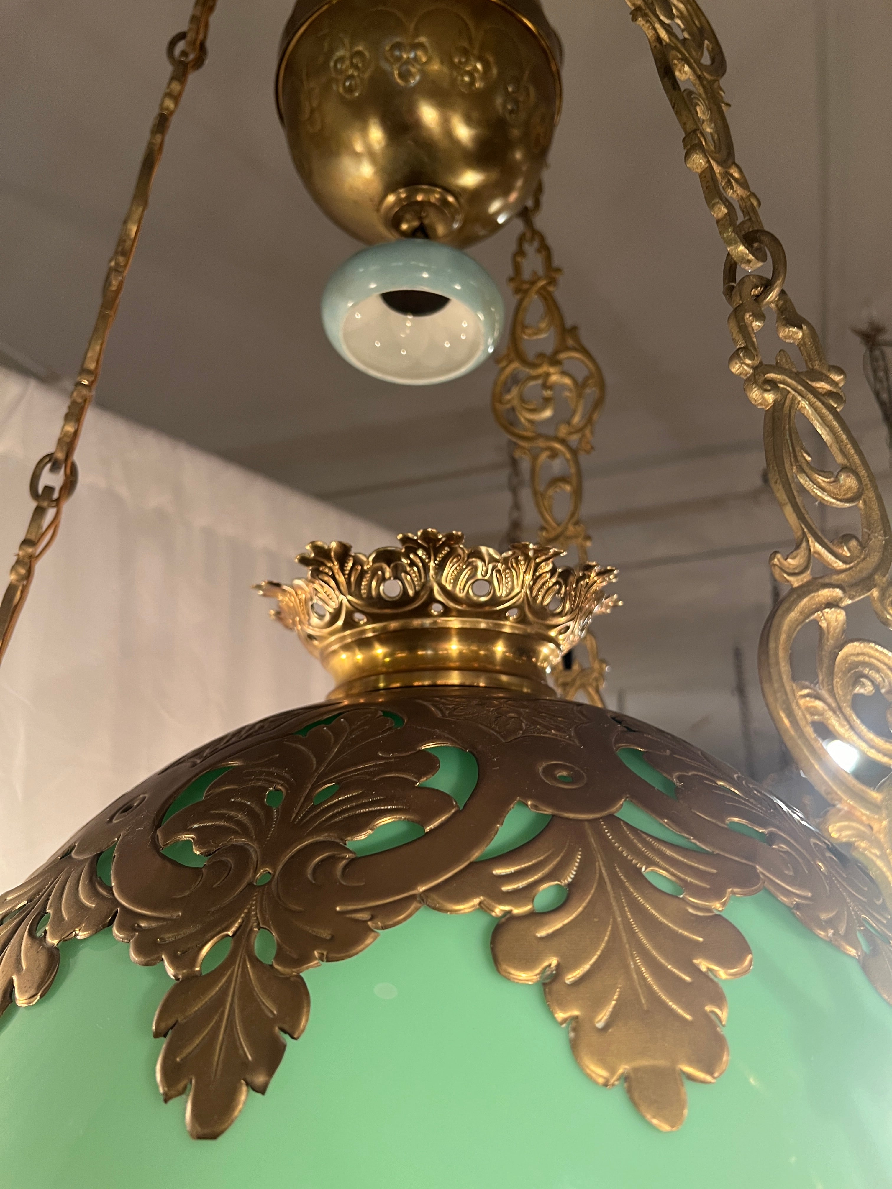 19th Century Antique French Gold Bronze & Opaline Glass Suspension Chandelier, Circa 1890. For Sale