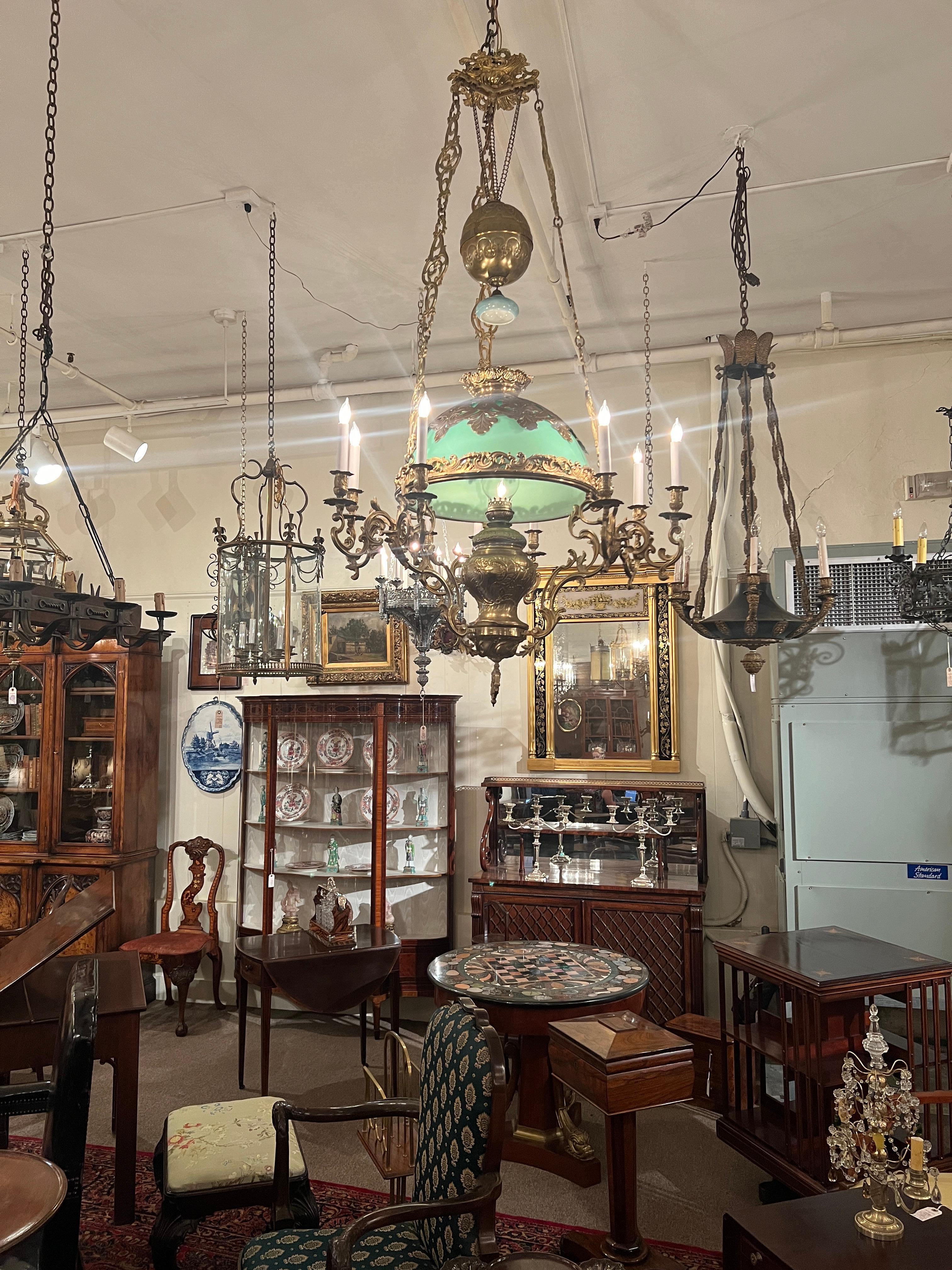 Antique French Gold Bronze & Opaline Glass Suspension Chandelier, Circa 1890. For Sale 5