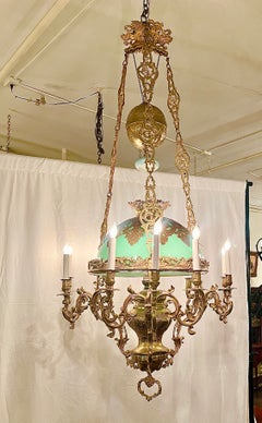 Antique French Gold Bronze & Opaline Glass Suspension Chandelier, Circa 1890.