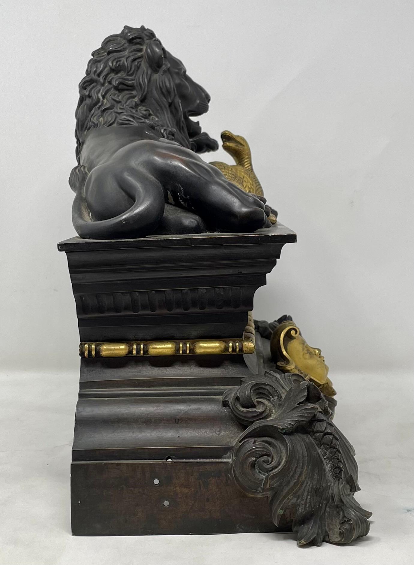 Antique French Gold Bronze & Patinated Bronze Lion & Serpent Andirons Circa 1860 In Good Condition For Sale In New Orleans, LA