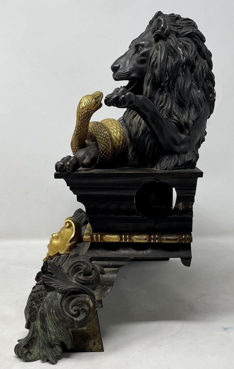 19th Century Antique French Gold Bronze & Patinated Bronze Lion & Serpent Andirons Circa 1860 For Sale
