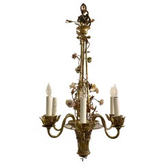Antique French Gold Bronze & Porzellan Korb der Blumen Kronleuchter, CIRCA 1890.