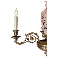 Antique French Gold Bronze & Rare Pink Opaline Glass Chandelier, Circa 1880-1890