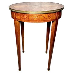 Table bouillotte française ancienne en bronze doré et bois de satin avec marqueterie, vers 1900