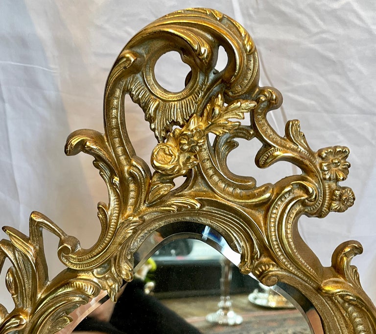 Antique French Gold Bronze Tabletop Vanity Mirror with Beveling, circa