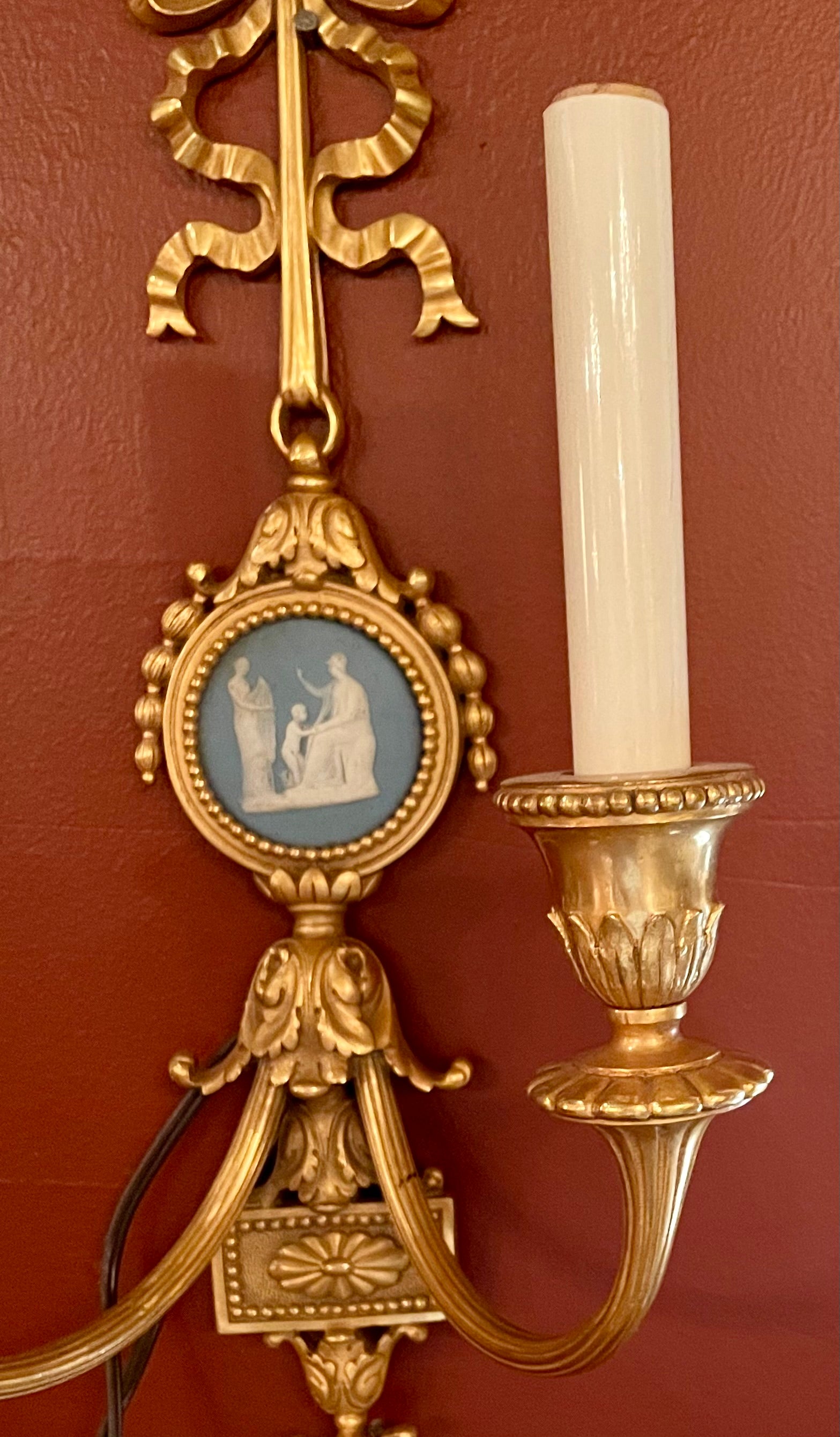 20th Century Antique French Gold Bronze with Wedgwood Plaque Wall Sconce, Circa 1900. For Sale