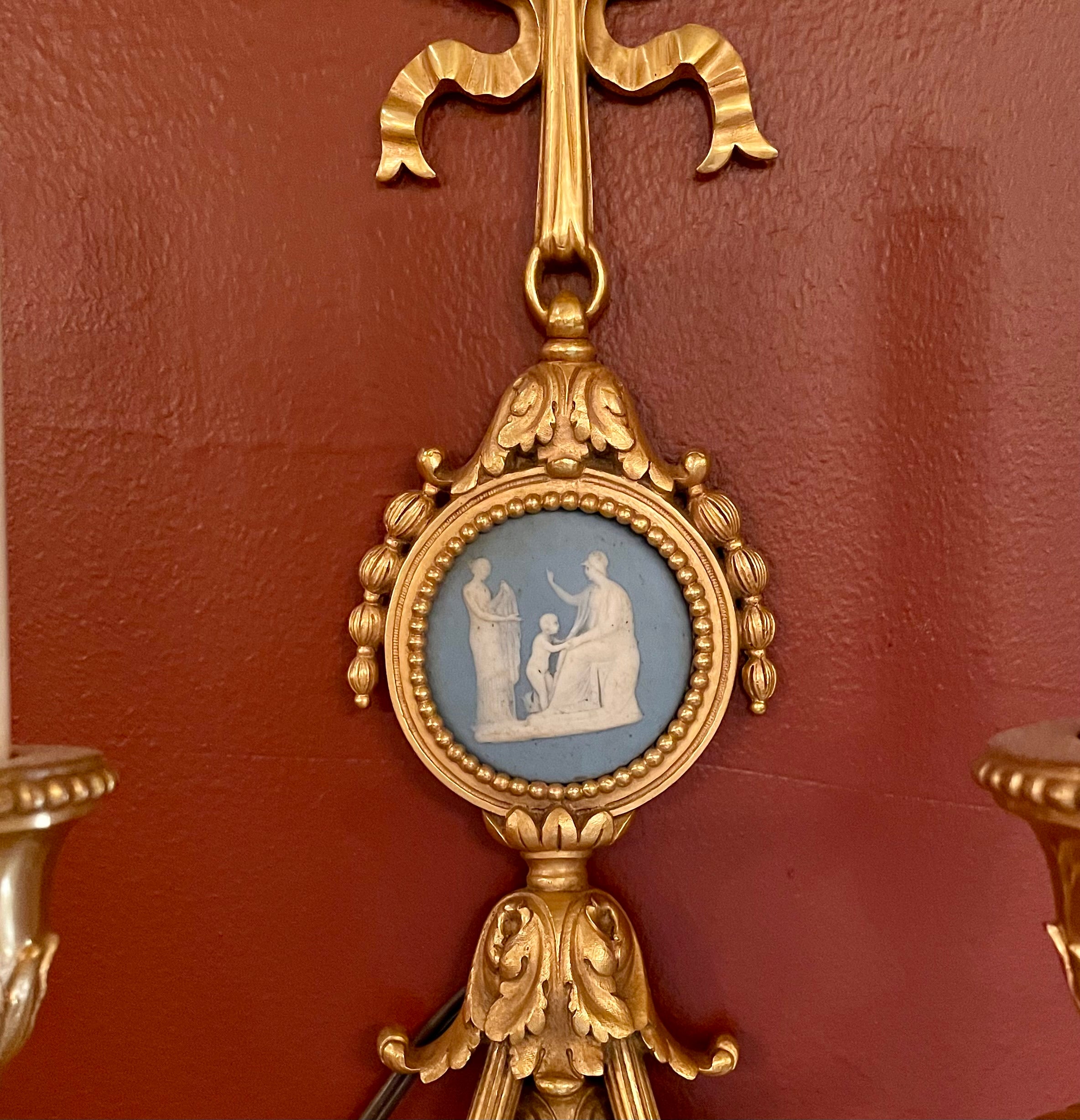Antique French Gold Bronze with Wedgwood Plaque Wall Sconce, Circa 1900. For Sale 1