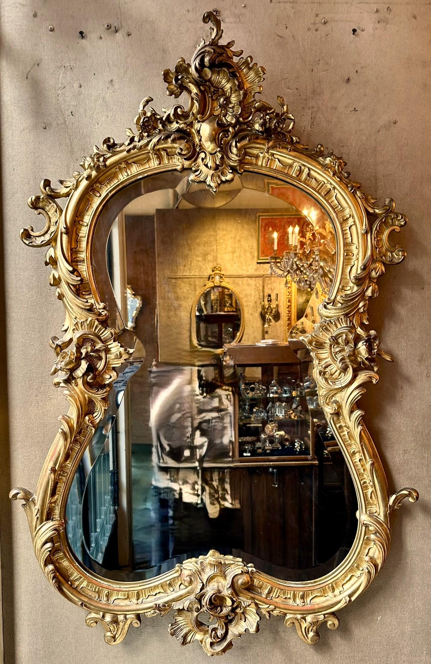 Antique Finest French Gold Carved Wood Mirror with Beveled Glass, Circa 1865-1885. 