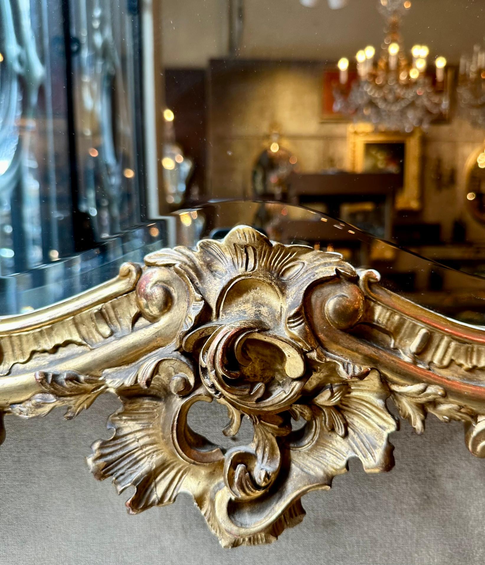 Antique French Gold Carved Wood Mirror with Beveled Glass, Circa 1865-1885. For Sale 1