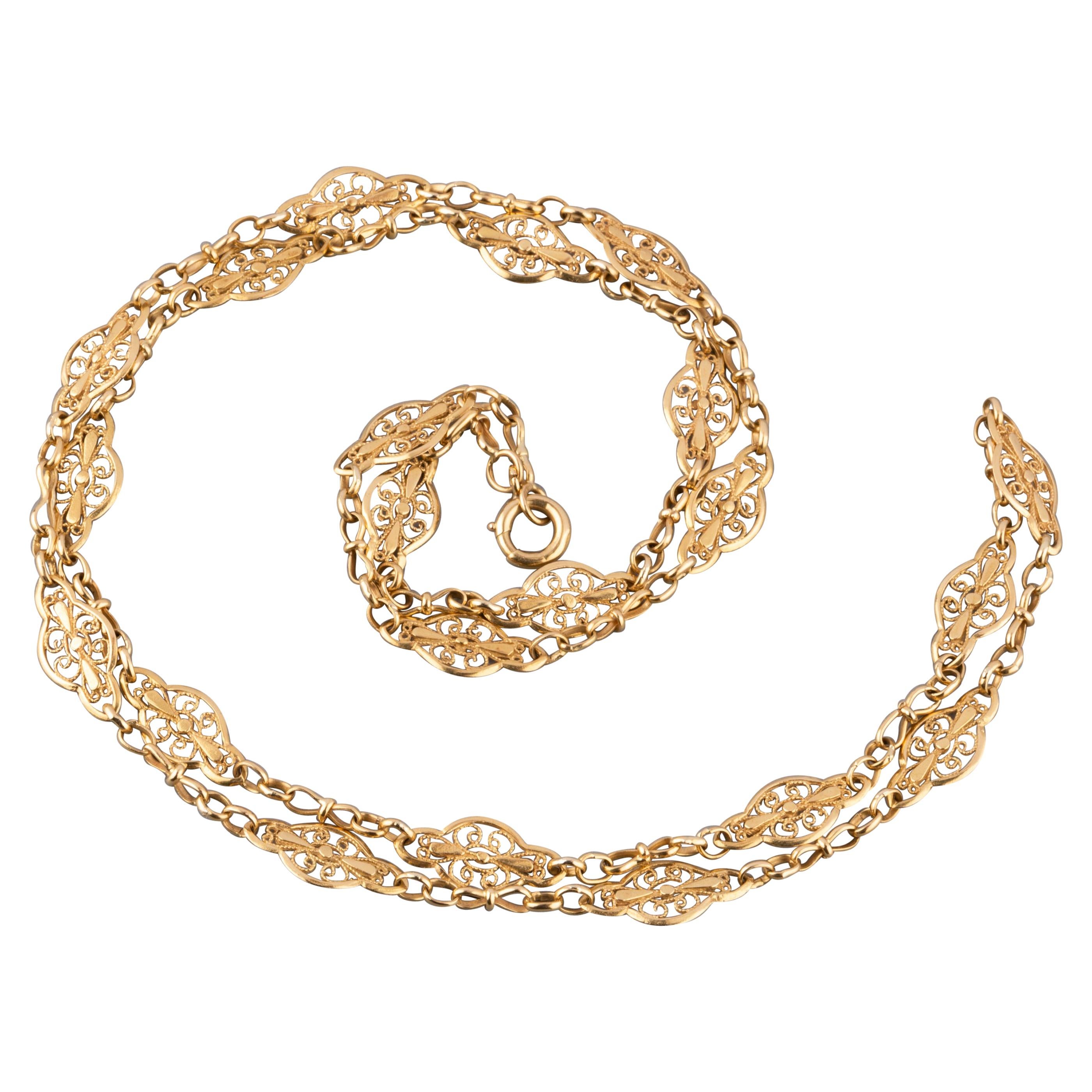 Antique French 24inch Filigree Necklace in Gold at 1stDibs