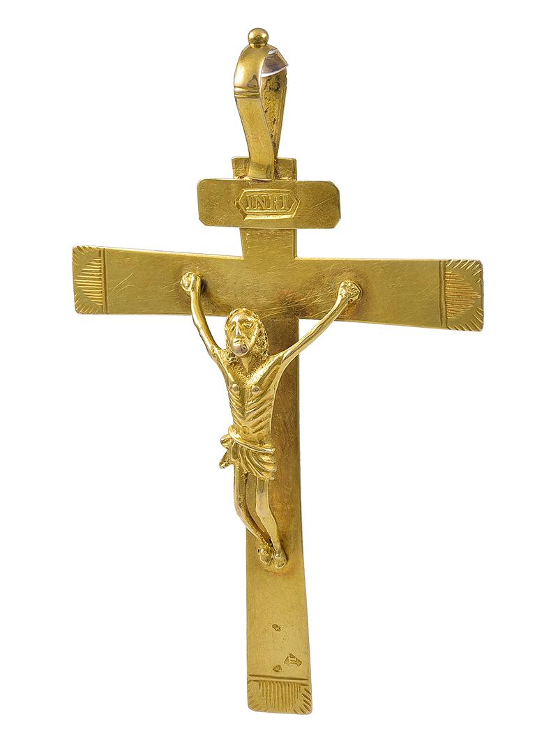 Above the figure of Jesus Christ are the letters INRI and at the bottom of the Cross are French Gold hallmarks for 1817. Three of the terminals, front and back, are simply engraved with symbolic palm leaves and the Cross has the tactile feel of an