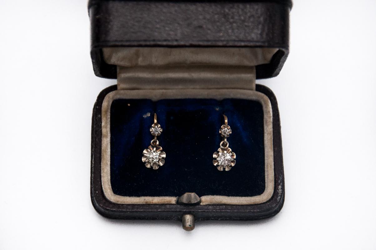 Victorian Antique French gold earrings with old-cut diamonds 0.68ct circa1930s. For Sale
