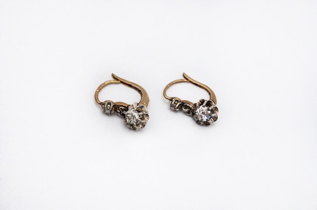Old European Cut Antique French gold earrings with old-cut diamonds 0.68ct circa1930s. For Sale