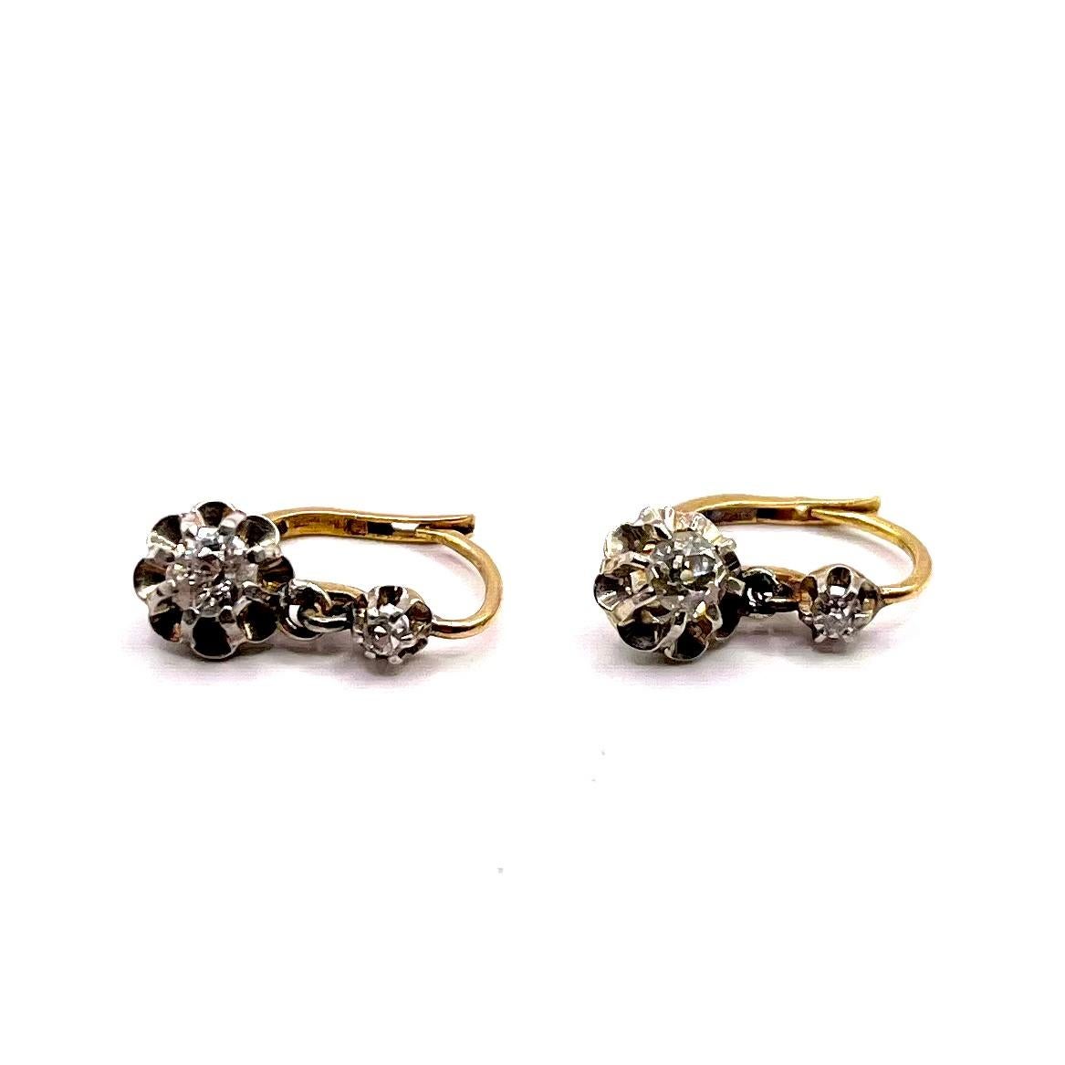 Women's or Men's Antique French gold earrings with old-cut diamonds 0.68ct circa1930s. For Sale