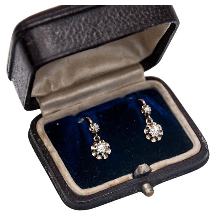Antique French gold earrings with old-cut diamonds 0.68ct circa1930s. For Sale